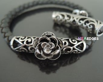 1pc Curved Tube Bead - Finding Antique Silver with Flower Pattern Curve Arc Tubes Slider Tube Beads 42.5mm x 9mm ( Inside 6.5mm Diameter )