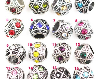 Finding - 4 pcs Silver Round Ball Spacers Beads with Stones Mosaic Large Hole ( 11mm x 9mm, Inside hole 5mm )