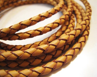 Leather Cord 4mm - Light Brown Round Braided Bolo Genuine Leather Cord ( Hole Inside )