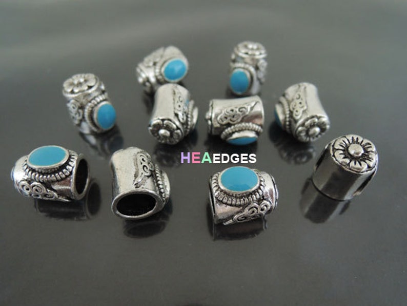 Antique Silver End Cap without Loop and Hole 7mm 2pcs Silver with Light Blue Bead Flower Head End Caps 12.5mm x 10.5mm Inside 7mm image 2