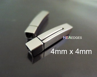 1 Set Silver Square Clasp 4mm x 4mm - Findings Stainless Steel Square Clasp Leather Cord End Cap Open Connector 27mm x 5mm