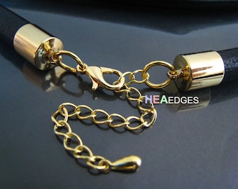 2 Sets Gold End Caps 8mm - Findings Gold Plated Leather Cord Ends Cap With Lobster Clasp Buckle and Extender ( Inside 8mm Diameter )