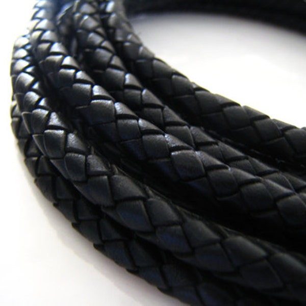 Leather Cord 6mm - Black Leather Cord Round Braided Bolo Genuine Leather Cord ( Hole Inside )