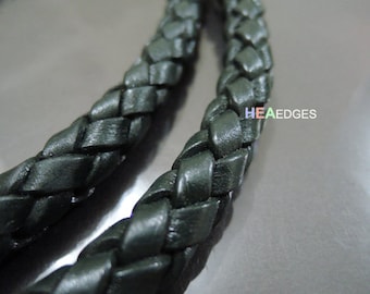 Leather Cord 13mm - 1 Yard of 13mm Dark Green Round Braided Bolo Genuine Leather Cord ( Hole Inside )