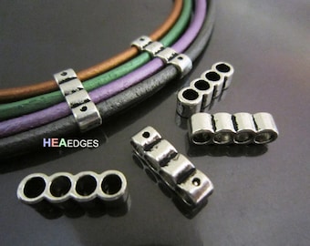 Finding - 2 pcs Antique Silver Barrel Sliders Spacer Bead Hole with Four Holes for Round Leather ( Inside 3mm Diameter )