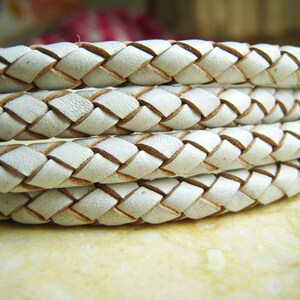 Half Yard ( 18 inches ) Leather Cord 6mm - White Round Braided Bolo Genuine Leather Cord ( Hole Inside )