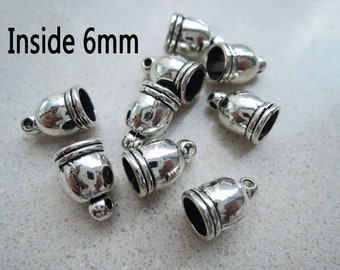 Finding - 6 pcs Silver Dome Leather Cord Ends Cap For Round Leathers 12mm x 7mm ( inside 6mm )