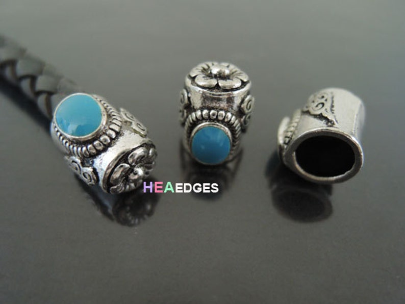 Antique Silver End Cap without Loop and Hole 7mm 2pcs Silver with Light Blue Bead Flower Head End Caps 12.5mm x 10.5mm Inside 7mm image 1