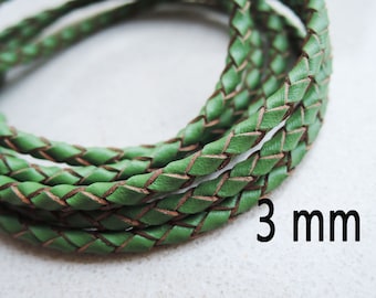 1 Yard of 3mm Green Round Braided Bolo Genuine Leather Cord