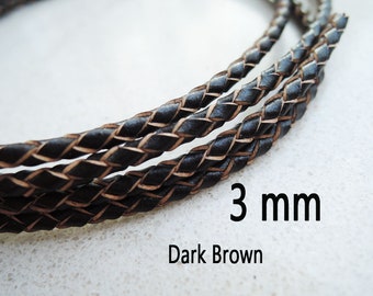 1 Yard of 3mm Dark Brown Round Braided Bolo Genuine Leather Cord