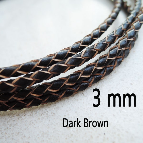 1 Yard of 3mm Dark Brown Round Braided Bolo Genuine Leather Cord