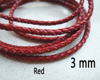 1 Yard of 3mm Red Round Braided Bolo Genuine Leather Cord