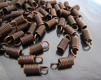 Finding - 10 pcs Red Copper Helix Shaped Round Ends Cap with Loop For Leather Cord 11mm x 4mm ( Inside 2.5mm Diameter )