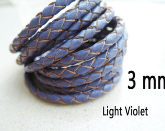 1 Yard of 3mm Light Violet Round Braided Bolo Genuine Leather Cord