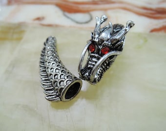 Finding - 1 set Silver Dragon Head and Tail with Ruby Mosaic End Cap Charms ( Inside 6mm Diameter )