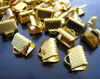 Finding - 10 pcs Gold Plated  Tone Clamp Fold Over End Crimps ( 8mm )