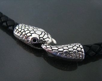 Finding - 1 Set Antique Silver Snake Head Shaped Leather Cord Ends Cap with Tail S Hook For Round Leathers ( inside 6mm to 6.5mm Diameter )