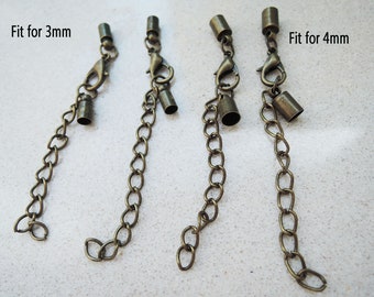 Finding - 2 Sets Antique Brass Round Tone Leather Cord Ends Cap With Lobster Clasp Buckle and Extender ( Inside 3mm or 4mm Diameter )