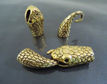 Finding - 1 Set Gold Snake Head Shaped Leather Cord Ends Cap with Tail S Hook For Round Leathers ( inside 6mm to 6.5mm Diameter )
