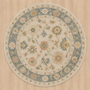 Round Oushak Rug, Handmade Turkish Style Rug, Vintage Floral Area Rug, Neutral Beige Blue Carpet, Traditional Medallion Rug, Boho Round Rug