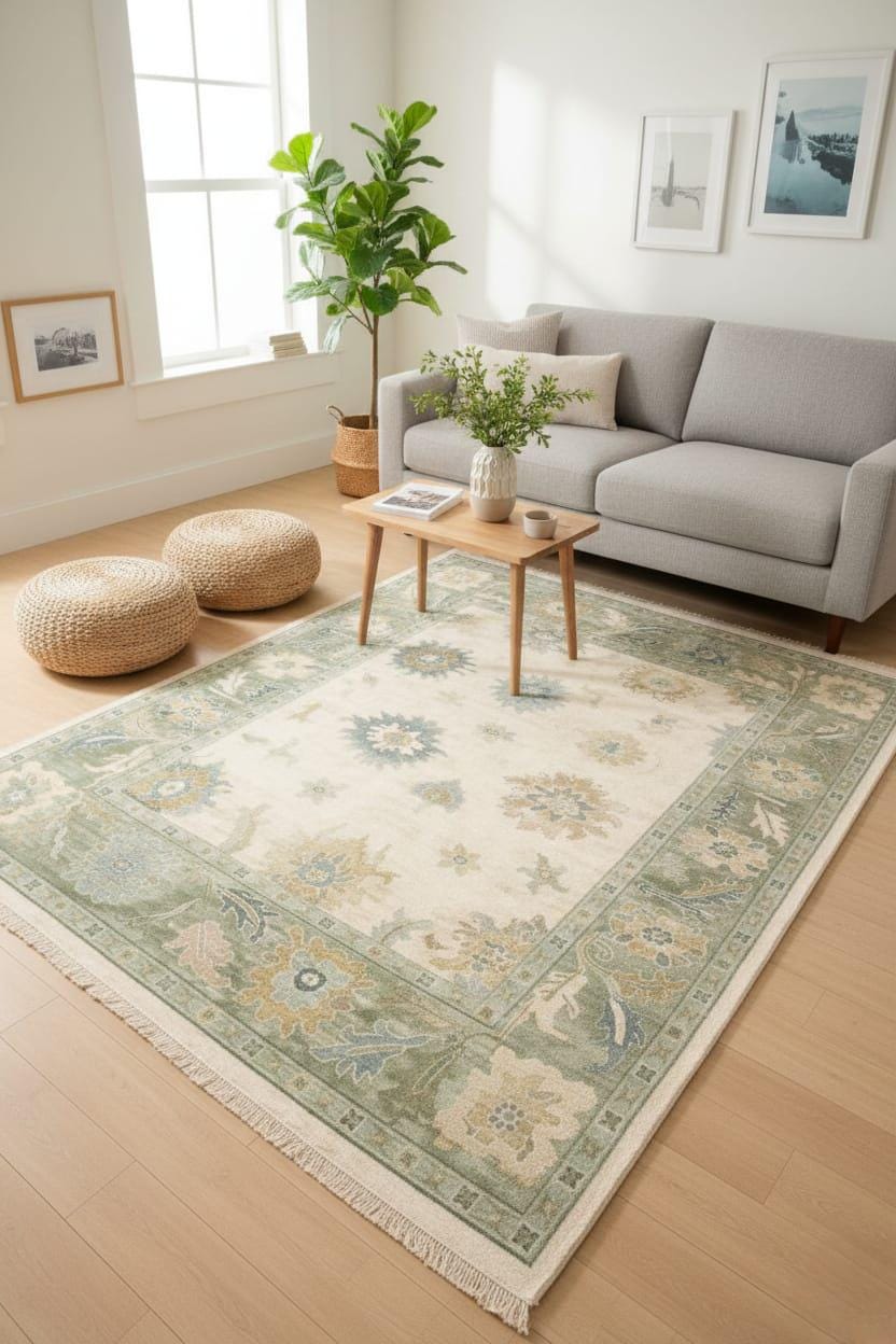 Hand Tufted Floral Area Rug – Sage Green & Ivory Wool Carpet, Vintage ...