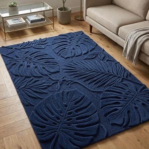 Navy Blue Monstera Leaf Rug, Tropical Botanical Area Rug, 3D Carved Modern Carpet, Luxury Living Room Decor, Statement Rug