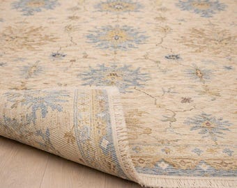 Oushak Area Rug Beige Blue, Vintage Turkish Rug, Floral Handmade Rug, Neutral Home Decor Rug, Bedroom Living Room Carpet