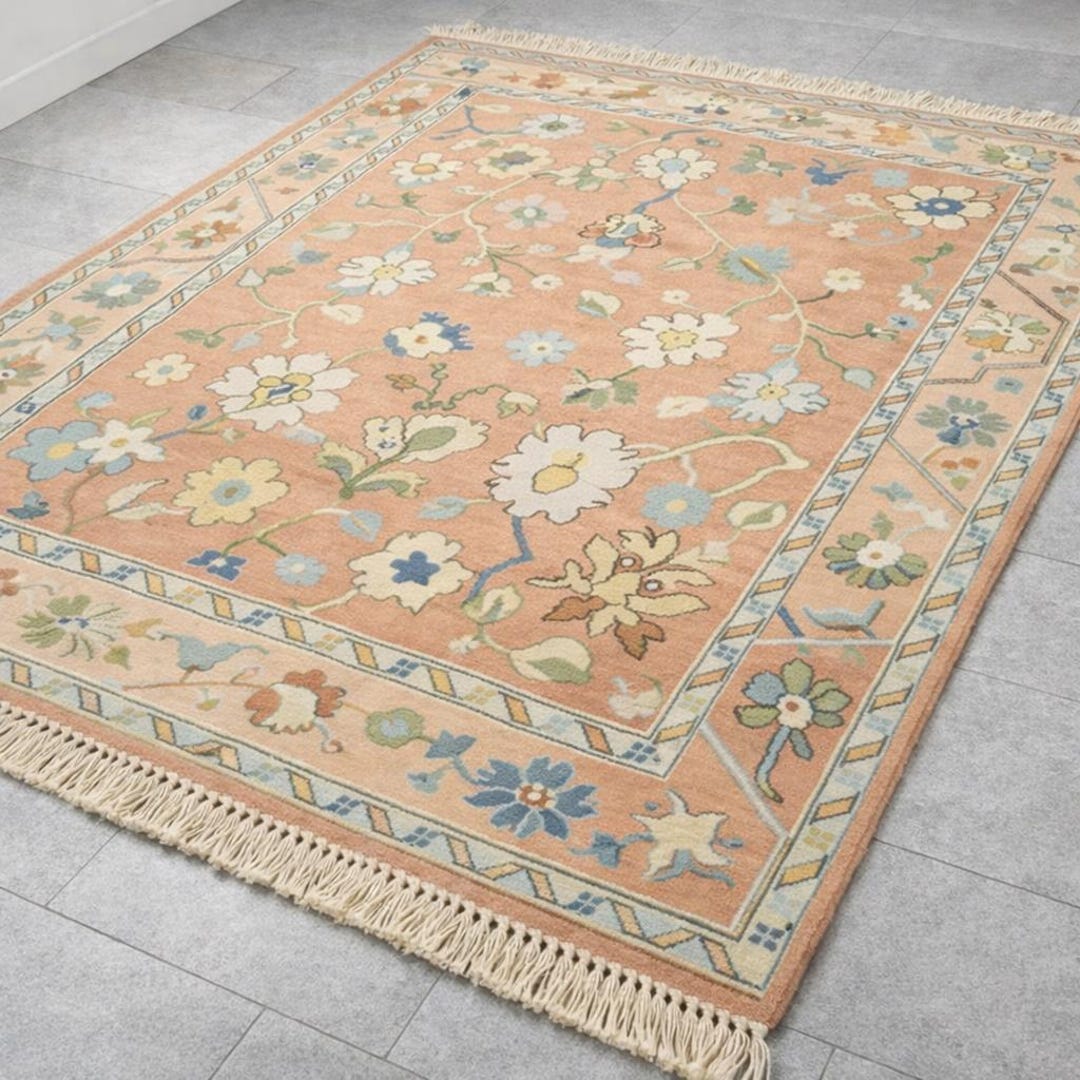 Handwoven Oushak Rug, Peach Floral Area Rug, Vintage Turkish Wool Rug ...