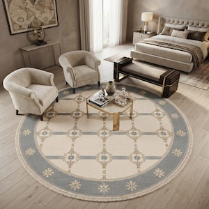 Round Oushak Rug Hand Knotted Wool | Blue Ivory Geometric Area Rug, 100% Wool, Custom Size Rug, Luxury Living Room Carpet