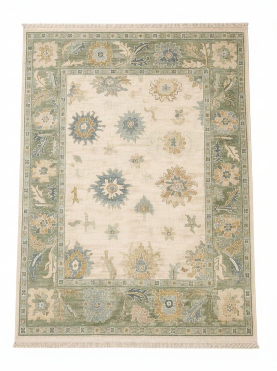 Hand Tufted Floral Area Rug – Sage Green & Ivory Wool Carpet, Vintage ...