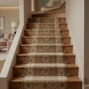 Könnte beinhalten: Eine Holztreppe mit beigefarbenen Teppichläufern mit floralem Muster. Die Treppe hat eine natürliche Holzoberfläche und ist mit Messingstangen akzentuiert. Die Wände sind in einer neutralen Farbe gestrichen und schaffen eine warme und einladende Atmosphäre.