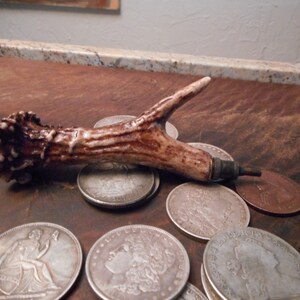 May include: A small, brown antler with a metal tip, used as a tool or a decorative piece. The antler is lying on a wooden surface with several silver coins scattered around it.
