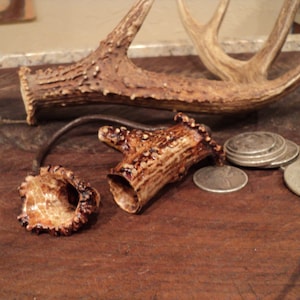 May include: A close-up of a deer antler, a small antler with a hole in the center, and a pile of silver coins. The antler is brown and has a rough texture. The small antler is also brown and has a smooth texture. The coins are silver and have a shiny finish.