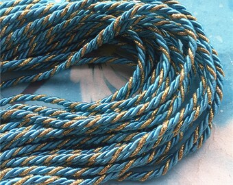 high quality 10 yards 3mm blue braided gold twist silk cords/rope cords