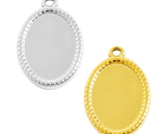 May include: Two oval-shaped pendants, one silver-colored and one gold-colored. Each pendant has a smooth, blank center surrounded by a textured, rope-like border and a small loop at the top for attaching to a chain or other jewelry component.