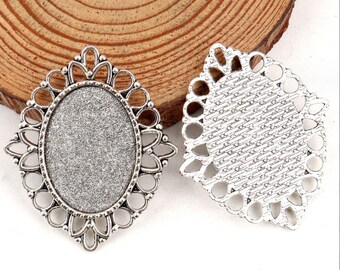 30pc antiqued silver/antiqued bronze flower oval cabochon/cameo/photo holder base setting bezel trays connectors(25x18mm inner size)