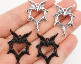 Novo estilo 20 peças 35x23mm preto/prata antiga fiigree asas de morcego conectores de coração achados amuletos