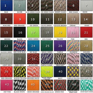 Könnte beinhalten: Eine Tabelle mit 49 verschiedenen Farben von Paracord, jede mit einer Nummer und einem beschreibenden Namen. Die Farben umfassen Rot, Blau, Grün, Gelb, Schwarz, Weiß, Braun, Rosa, Orange, Lila, Grau und Tarnmuster.