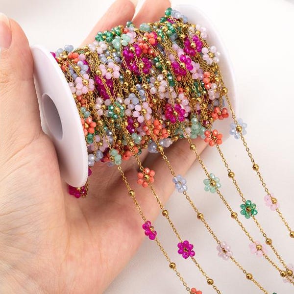 Stainless steel materials--1 meters 9x7.5mm colored beads flowers gold links chains charms findings