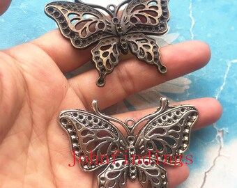 5pc 63x17mm antiqued silver/antiqued Bronze Filigree large butterfly pendant charms findings