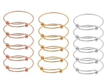 10pc Silver/kc gold/rose gold/bright silver Stainless steel material 64mm round slider bangle bracelets wires--size adjustable