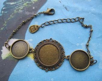 1pc antiqued bronze 18-20 cm adjsutable  filigree round cabs 16mm-20mm cabochon chain bracelet findings
