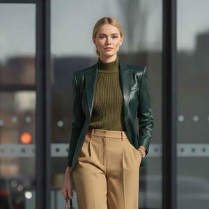 Könnte beinhalten: Eine Frau trägt einen dunkelgrünen Lederblazer über einem grünen Rollkragenpullover, kombiniert mit einer beigefarbenen Bundfaltenhose. Sie trägt eine braune Handtasche und dunkle Schuhe. Das Outfit ist im Business-Casual-Stil gehalten.