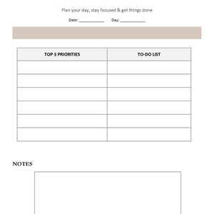 May include: A white daily planner with the text "DAILY PLANNER" at the top, along with the text "Plan your day, stay focused & get things done." It includes sections for "TOP 3 PRIORITIES," "TO-DO LIST," and "NOTES."