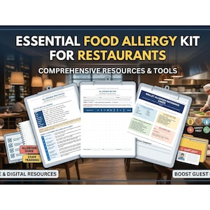Può includere: Immagine di un "Kit Essenziale per le Allergie Alimentari per Ristoranti" con "Risorse e Strumenti Completi". Include risorse stampabili e digitali, come una guida agli allergeni e materiali di formazione del personale. Il kit mira ad aumentare la fiducia degli ospiti.