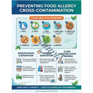 May include: Informative infographic on preventing food allergy cross-contamination. It lists the FDA's Big 9 Allergens: milk, eggs, fish, shellfish, tree nuts, peanuts, wheat, soybeans, and sesame. Includes steps for identification, separation, proper sanitation, and clear communication.