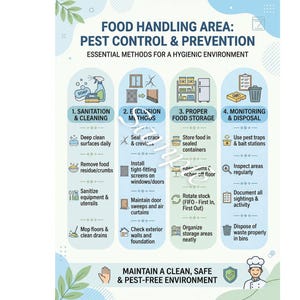 May include: Informative infographic detailing pest control and prevention methods for food handling areas. Includes sections on sanitation, exclusion methods, food storage, and monitoring. Text includes "Maintain a clean, safe & pest-free environment."