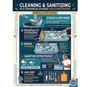 May include: Infographic illustrating a 5-step method for cleaning and sanitizing in a commercial kitchen. Steps include scraping, pre-rinsing, washing with detergent, rinsing, sanitizing, and air-drying. Includes illustrations and text instructions.