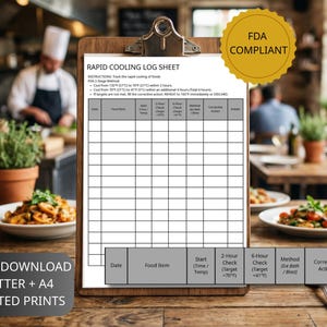 May include: A wooden clipboard holds a Rapid Cooling Log Sheet, with instructions and sections for tracking food cooling. The sheet is labeled "FDA COMPLIANT" and includes a gold seal. The background shows a restaurant kitchen and dining area.