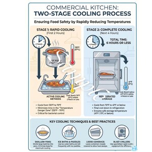 Puede incluir: Infografía que ilustra un proceso de enfriamiento en dos etapas para cocinas comerciales. Detalla las etapas de enfriamiento rápido y completo, con pautas de temperatura y tiempo. Incluye técnicas clave de enfriamiento y mejores prácticas.